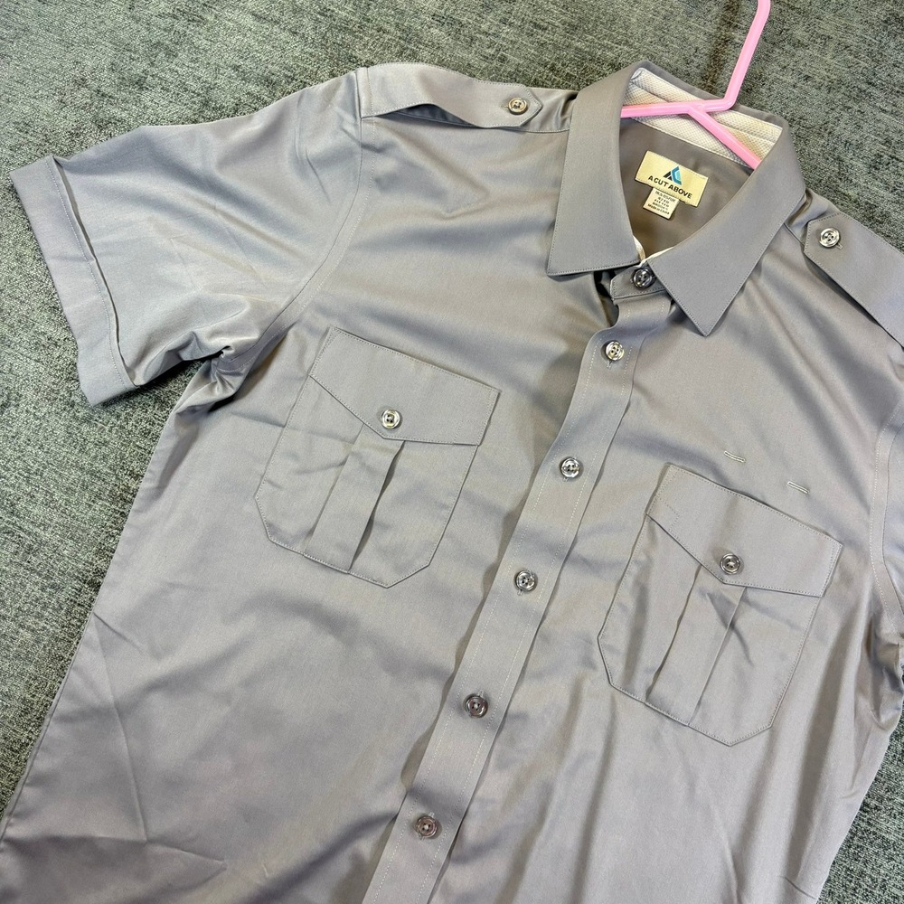 A Cut Above Pilot Shirt Mens 16.5 Grey Fitted Brooks Epaulet Short Sleeve Shirt